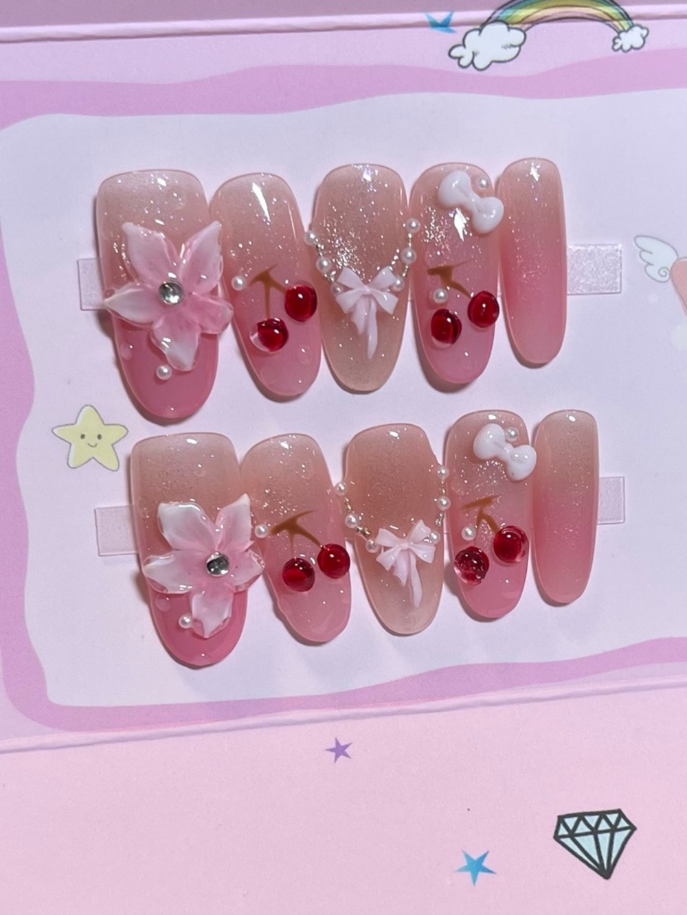 💖5 for $25😻 Pink 3D Floral & Cherry Press-On Nails